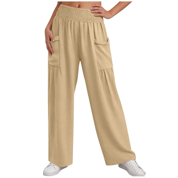 Women's Straight Leg Summer Linen Pants, Dressy Loose Smocked Waist Business Casual Trousers with Pockets