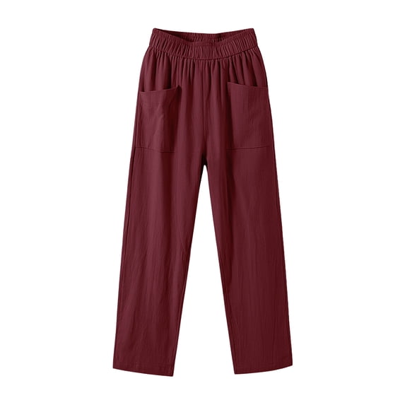 Women's Straight Leg Summer Linen Travel Pants, Elastic Waist Loose Lightweight Business Casual Trousers with Pockets