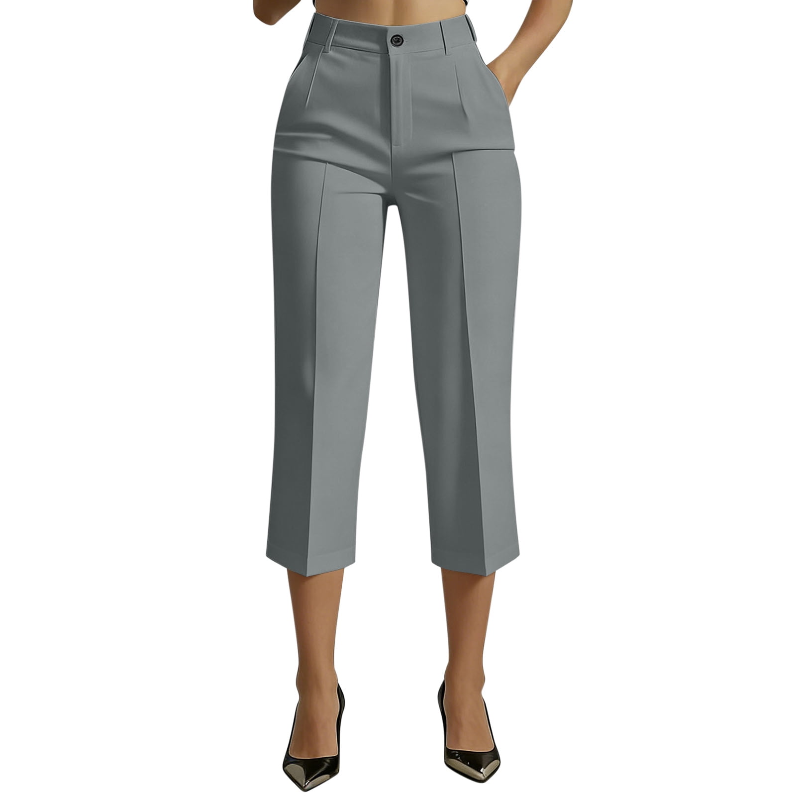 Women's Straight Leg Summer Suit Capri Pants, Dressy High Waisted Versatile Business Casual Trousers with Pockets