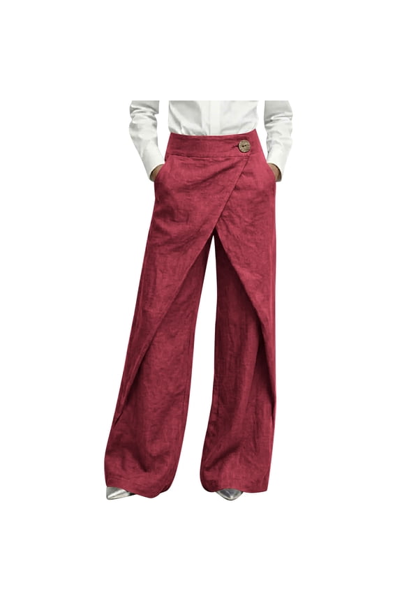 Women's Straight Leg Summer Wrap Linen Pants, Dressy Skirted Loose Solid Business Casual Trousers with Pockets