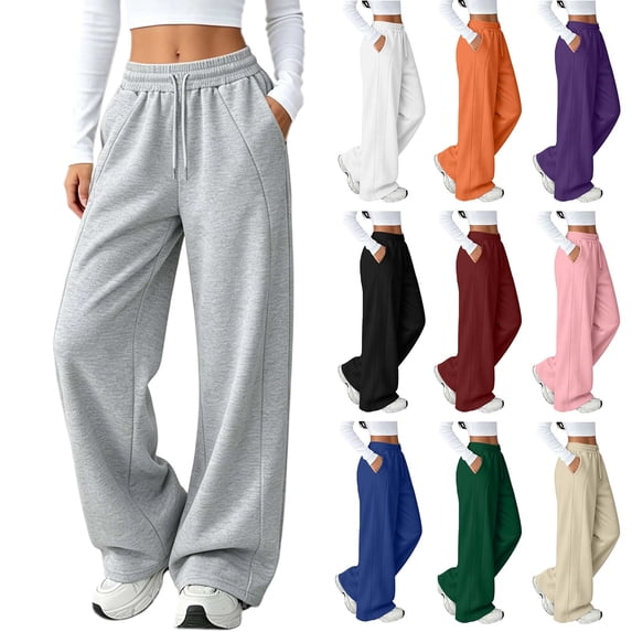 Women's Straight Leg Sweatpants Casual Drawstring Solid Color Elastic Waist Sports Straight Slim Side Line Track Pants