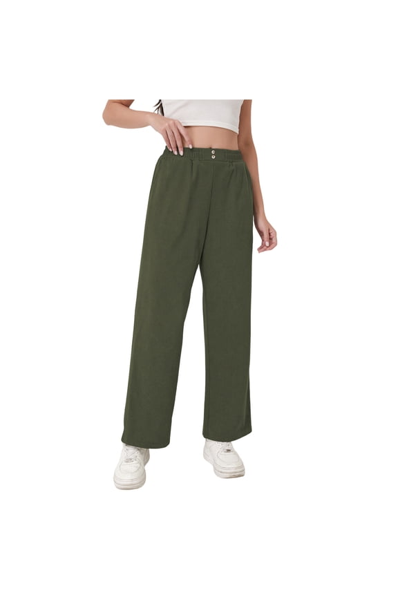 Women's Straight Leg Sweatpants Fashion Solid Elastic Waist Pocket Sport Pants Home and Work Wear