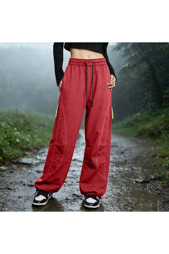 Women's Straight Leg Waterproof Hiking Cargo Pants with Zipper Pockets and Drawstring Hem, Outdoor Climbing Trousers for Trail or Fishing, Breathable and Tough Red XXL
