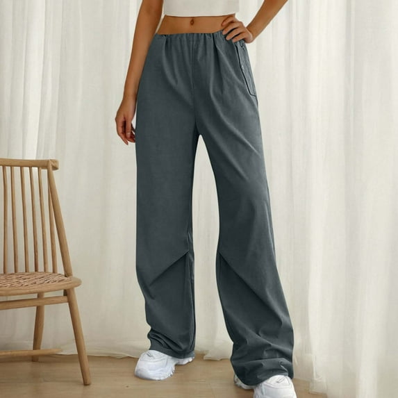 Women's Straight Pants Elastic Waist Casual Trousers Pants With Pockets Dark Gray XL