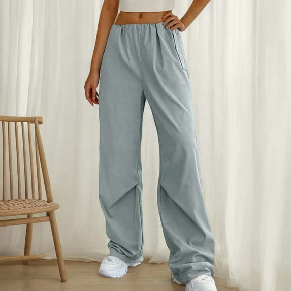 Women's Straight Pants Elastic Waist Casual Trousers Pants With Pockets Gray XL