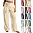 thumbnail image 1 of Women's Straight Pants for Women 2026 Cotton Linen Sweatpants Casual Summer Wide Leg Loose Drawstring Elastic Trouser, 1 of 7