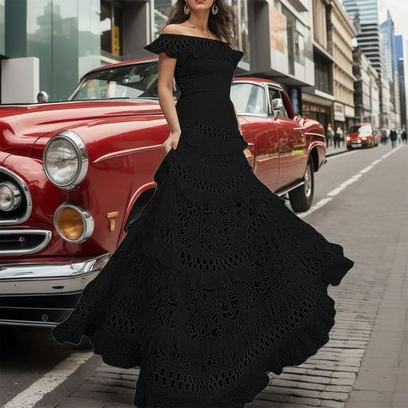 Women's Straight Shoulder Leaf Edge Hollowed Out Large Lace Dress Long Skirt Beaded Long Evening Dress Guest Wedding Dresses for Women Champagne Dress Length Ruffle Gown Dress Formal Evening Evening