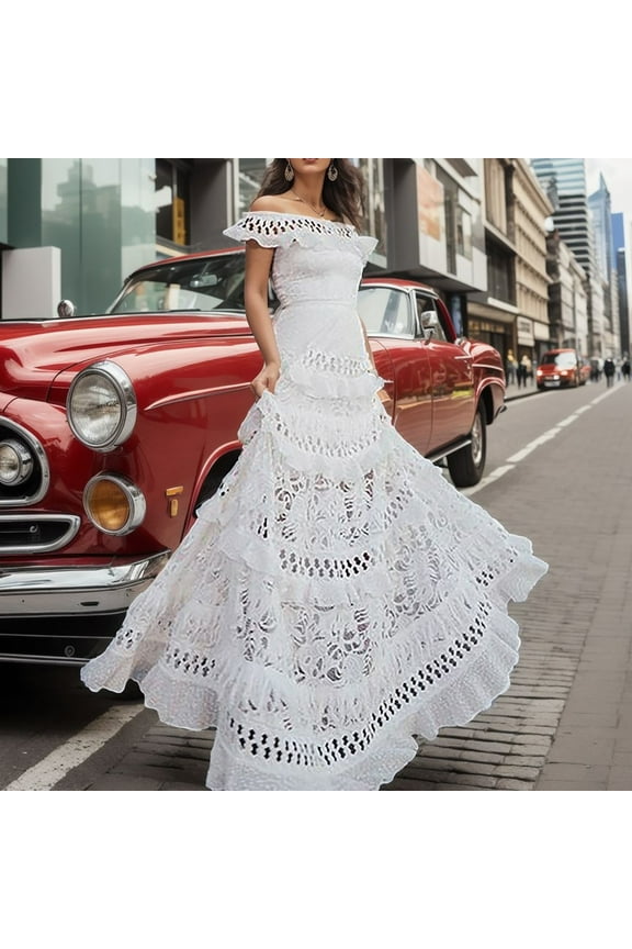 Women's Straight Shoulder Leaf Edge Hollowed Out Large Lace Dress Long Skirt Beaded Long Evening Dress Guest Wedding Dresses for Women Champagne Dress Length Ruffle Gown Dress Formal Evening Evening