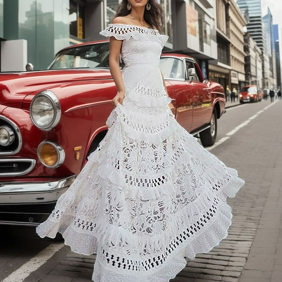 Women's Straight Shoulder Leaf Edge Hollowed Out Large Lace Dress Long Skirt Beaded Long Evening Dress Guest Wedding Dresses for Women Champagne Dress Length Ruffle Gown Dress Formal Evening Evening