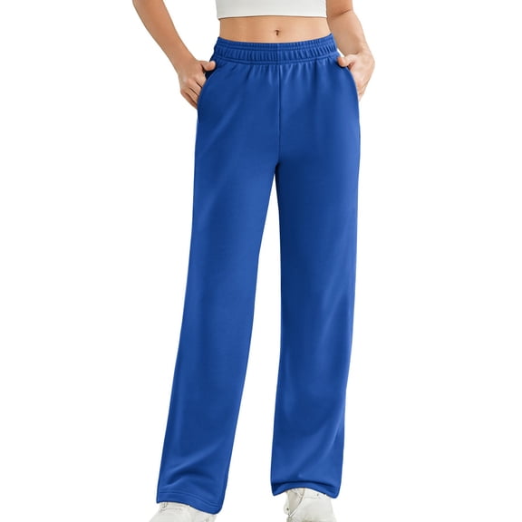 Women's Straight Sweatpants Elastic Waist Solid Wide Leg Joggers with Pockets Blue L