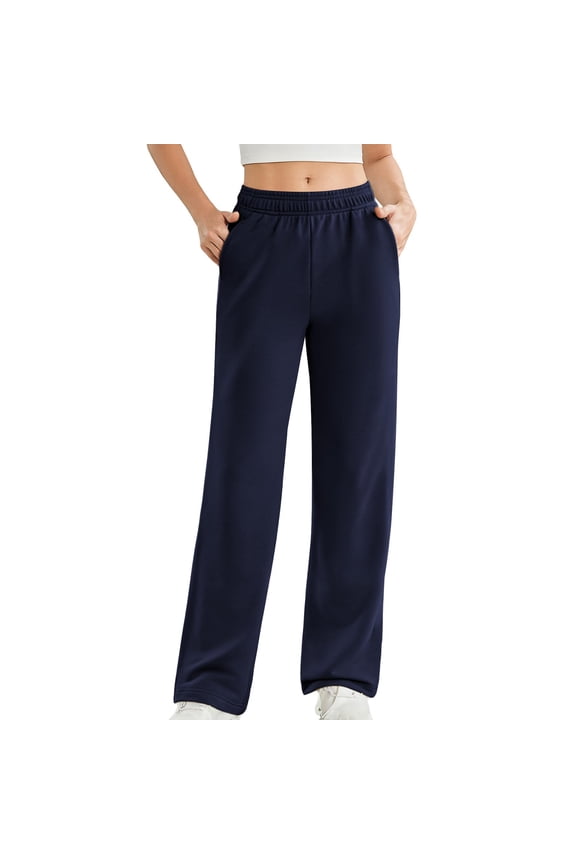Women's Straight Sweatpants Elastic Waist Solid Wide Leg Joggers with Pockets Navy 2XL