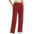 thumbnail image 1 of Women's Straight Sweatpants Elastic Waist Solid Wide Leg Joggers with Pockets Wine M, 1 of 4