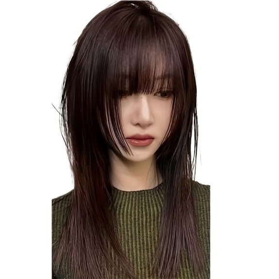 Women's Straight Synthetic Hair Pieces with Natural Layered Bangs - Effortless Side Sweep Hair Accessory