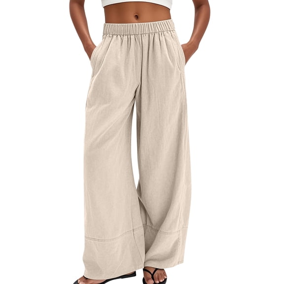 Women's Straight Wide Leg Cotton Linen Pants Summer Baggy Boho Casual Elastic Waist Pants with Pockets Khaki L