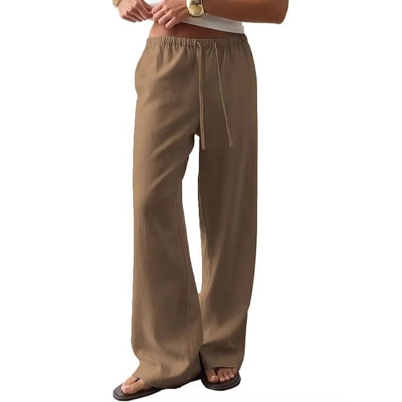 Women's Straight Wide Leg Linen Pants Drawstring High Waisted Casual Long Trousers with Pockets Brown 2XL