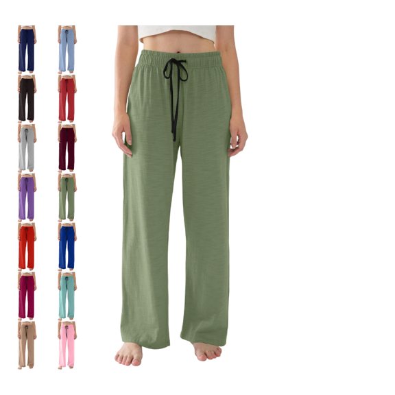 Women's Straight Wide Leg Pants Drawstring High Waisted Casual Long Trousers Green XL