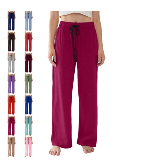 Women's Straight Wide Leg Pants Drawstring High Waisted Casual Long Trousers Hot Pink L