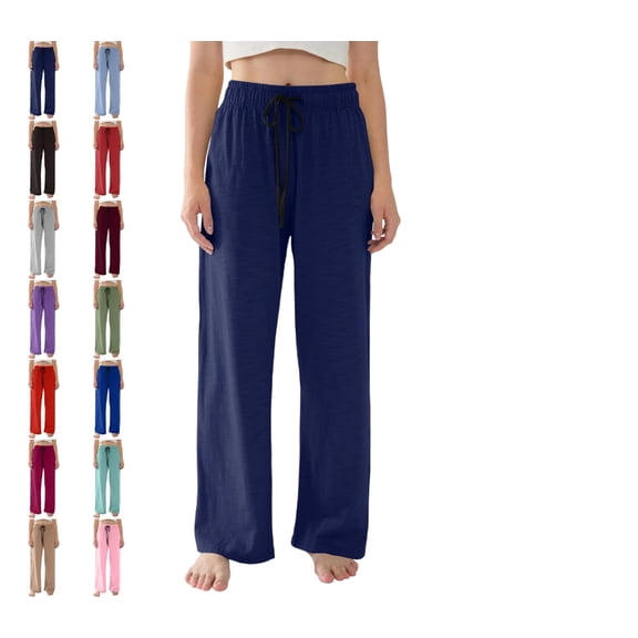 Women's Straight Wide Leg Pants Drawstring High Waisted Casual Long Trousers Navy L