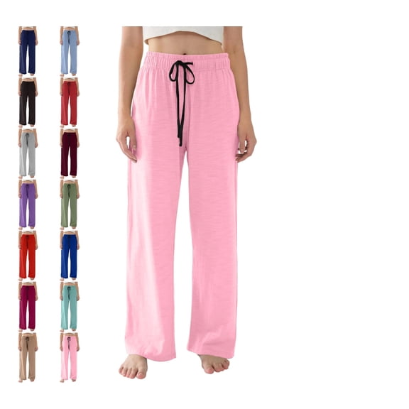 Women's Straight Wide Leg Pants Drawstring High Waisted Casual Long Trousers Pink L
