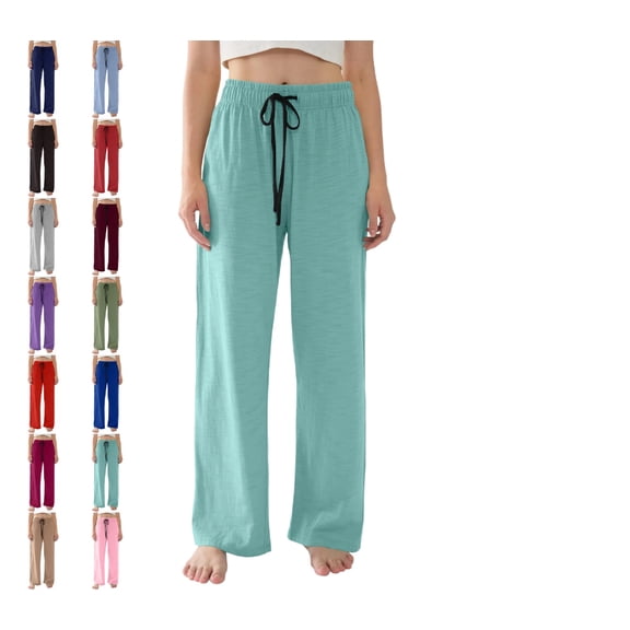 Women's Straight Wide Leg Pants Drawstring High Waisted Casual Long Trousers Turquoise L