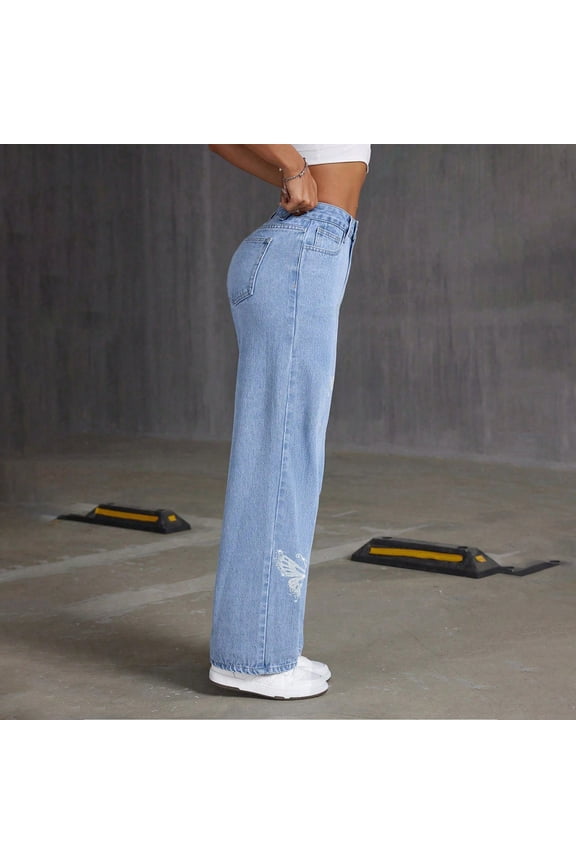 Women's Straight Wide Leg Sequin Jeans High Waisted Casual Baggy Denim Trousers