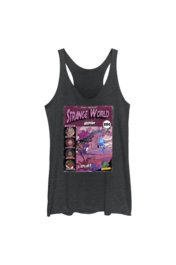 Women's Strange World Comic Book Cover Racerback Tank Top Black Heather Large