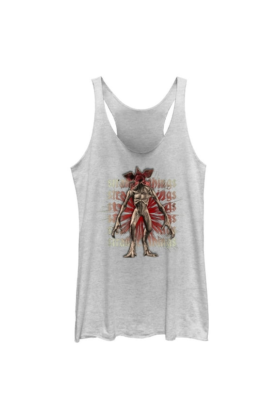 Netflix Women's Stranger Things Demogorgon Monster Logo Stacked Racerback Tank Top White Heather Medium