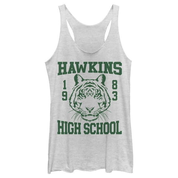 Netflix Women's Stranger Things Hawkins High School Tiger 1983 Racerback Tank Top White Heather 2X Large