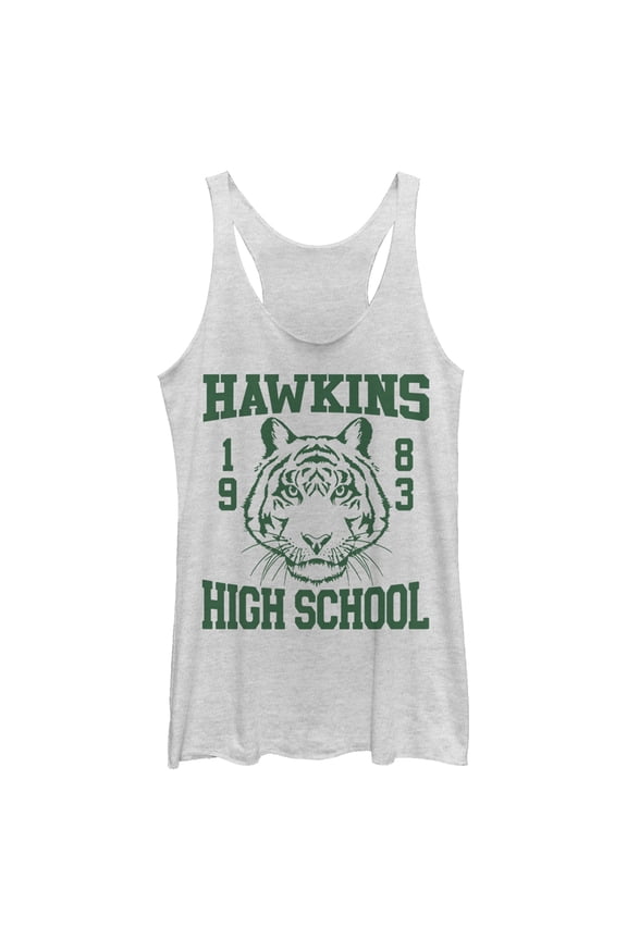 Netflix Women's Stranger Things Hawkins High School Tiger 1983 Racerback Tank Top White Heather Medium