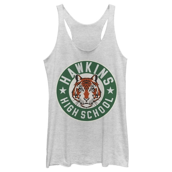 Netflix Women's Stranger Things Hawkins High School Tiger Mascot Racerback Tank Top White Heather Small