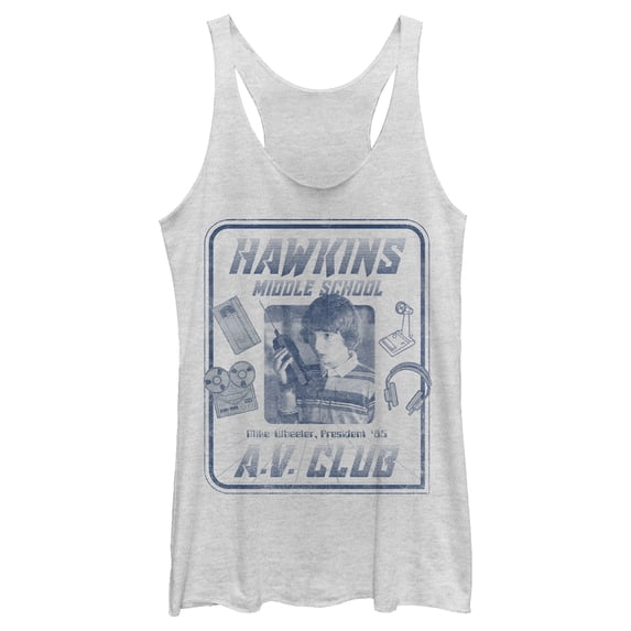 Netflix Women's Stranger Things Hawkins Middle School A.V. Club Racerback Tank Top White Heather 2X Large