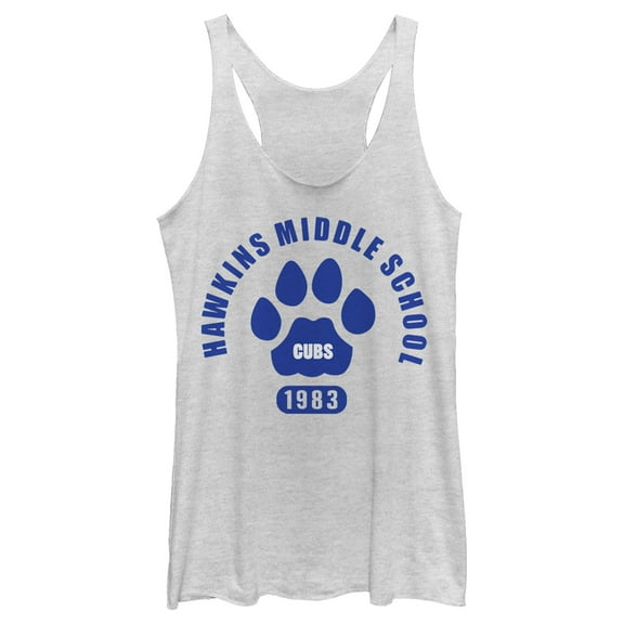 Netflix Women's Stranger Things Hawkins Middle School Cubs 1983 Racerback Tank Top White Heather Large