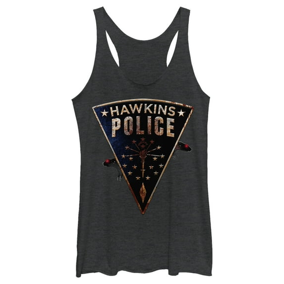 Netflix Women's Stranger Things Hawkins Police Rat Crest Racerback Tank Top Black Heather X Small