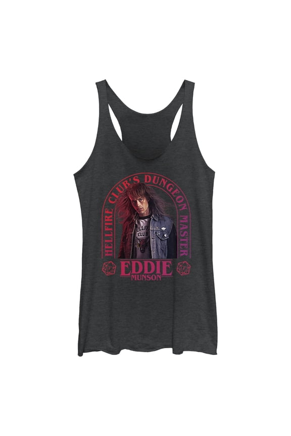 Netflix Women's Stranger Things Hellfire Club Dungeon Master Eddie Racerback Tank Top Black Heather Small