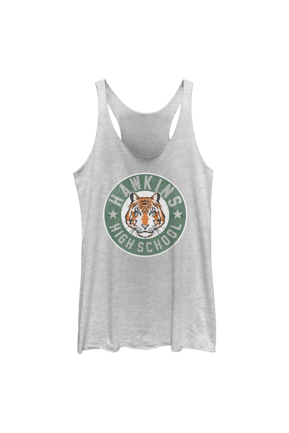 Netflix Women's Stranger Things Retro Hawkins High School Tiger Mascot Racerback Tank Top White Heather X Small