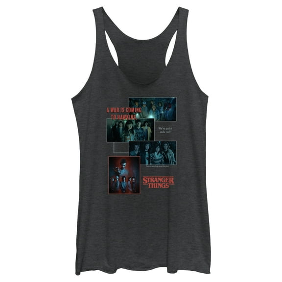 Netflix Women's Stranger Things Scenes Collage War Is Coming To Hawkins Racerback Tank Top Black Heather Small