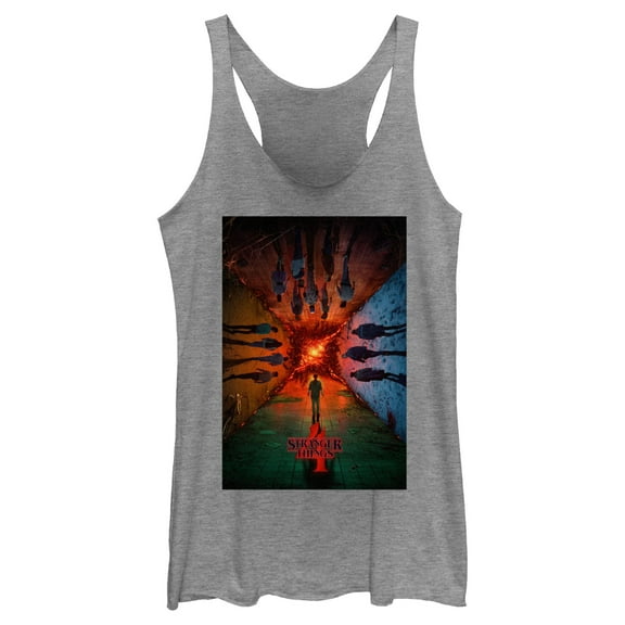 Netflix Women's Stranger Things The Rift Has Many DiNetflix Men'sions Poster Racerback Tank Top Gray Heather / DiNetflix Men'sions Medium