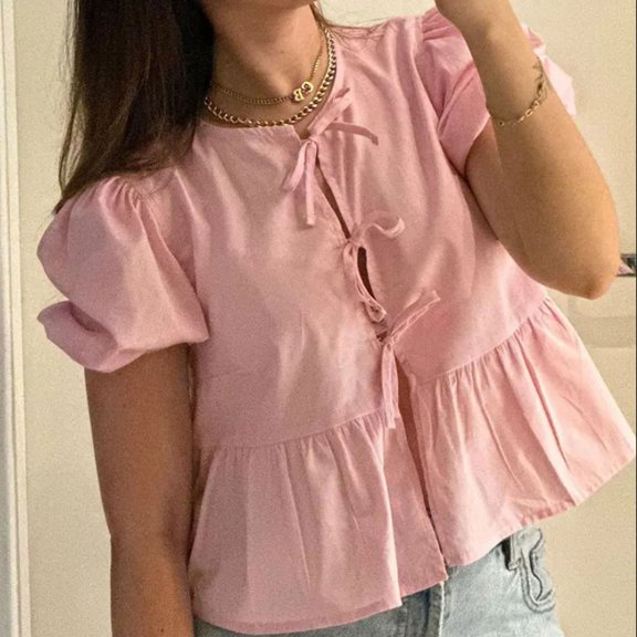 Women's Strap Front Top Leopard Print Ruffle Top 3/4 Length Puff Sleeve Hat Cute Going Out Top T Shirts for Woman plus Size Dress Shirts Coffee Shirts for Women Juniors T Shirt Denim Shirts for