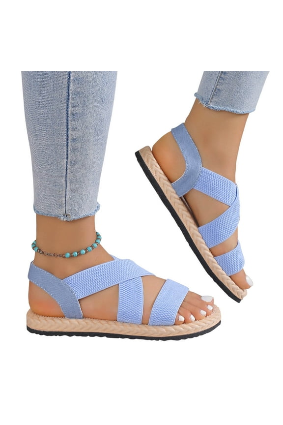 Women’s Strap Grass Woven Roman Sandals Hemp Rope Flat Soft Sole Elastic Fabric Slip On Beach Party Wedding Summer Comfort Outdoor Indoor Casual