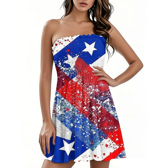 Women's Strapless American Flag Print Casual Summer Dress for Independence Day Celebrations, Sleeveless Patriotic Beach Sundress for 4th of July,Wine M