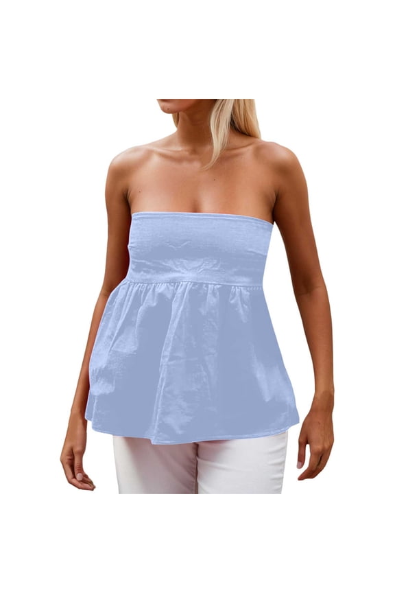 Women's Strapless Backless Ruffle Flowy Tube Top - Polyester/Spandex, Off-Shoulder Pleated Bandeau, S-L, Summer Party/Casual