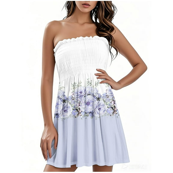 Women's Strapless Bandeau Dress Gradient Floral Print Casual Summer Dress with Layered Skirt and Back Zipper for Rooftop Parties,Green M