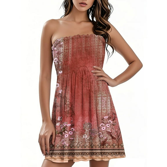 Women's Strapless Bandeau Dress Gradient Floral Print Casual Summer Dress with Layered Skirt and Back Zipper for Rooftop Parties,Hot Pink M