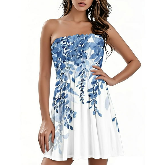 Women's Strapless Bandeau Dress Gradient Floral Print Casual Summer Dress with Layered Skirt and Back Zipper for Rooftop Parties,Light Blue M