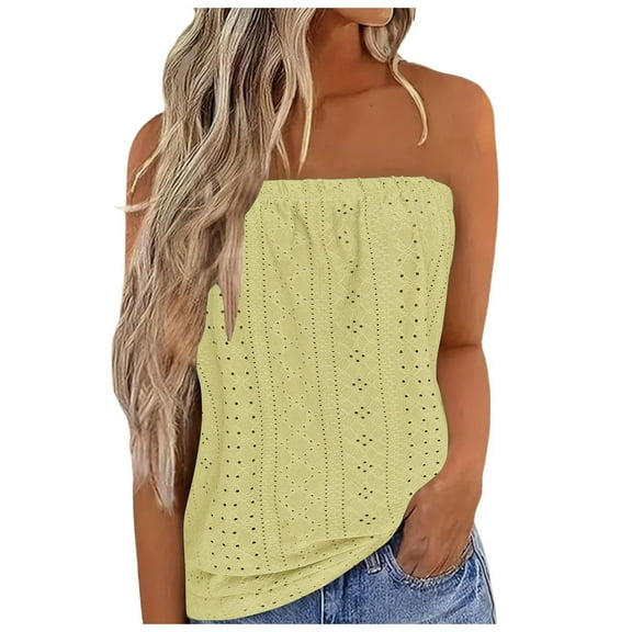 Women's Strapless Bandeau Tank Top Casual Summer Backless Sleeveless Eyelet Tube Tops Trendy Streetwear