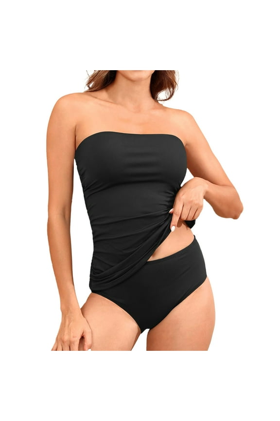 Women's Strapless Bandeau Tankini Set Two Piece Ruched Swimwear Bathing Suits