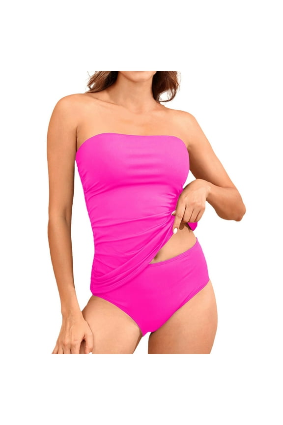 Women's Strapless Bandeau Tankini Two Piece Swimwear Set Ruched Bathing Suits