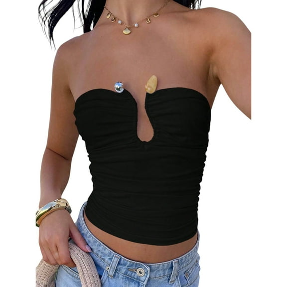 Women’s Strapless Bandeau Top – Solid Color Backless Ruched Crop Top with U-Clasp  Cutout Detail