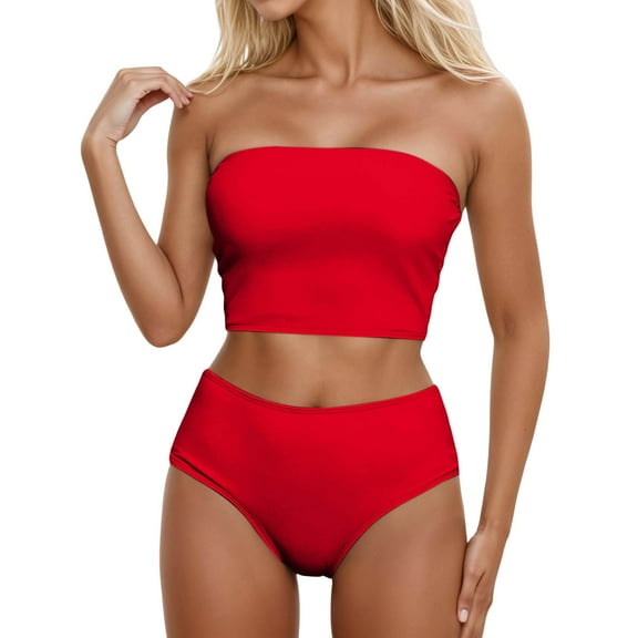 Women's Strapless Bikini Set Off The Shoulder Two Piece Swimsuit High Waisted High Slit Swimsuit