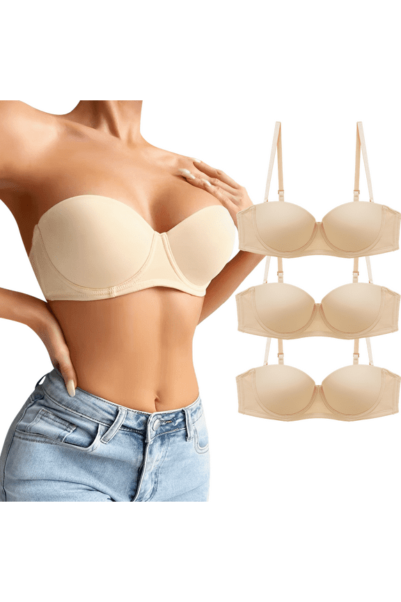 Women's Strapless Bras Convertible T Shirt Bra Seamless Underwire Underwear Bra Pack3